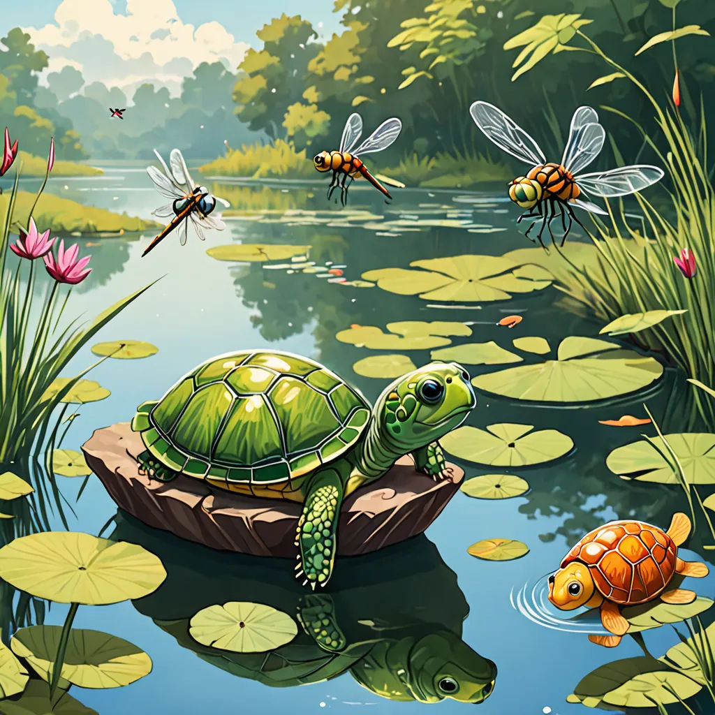 a turtle and two bees are on a rock in a pond with lily pads and water lilies and a dragon fly overhead, fantasy art, a storybook illustration, Chris LaBrooy, highly detailed digital painting