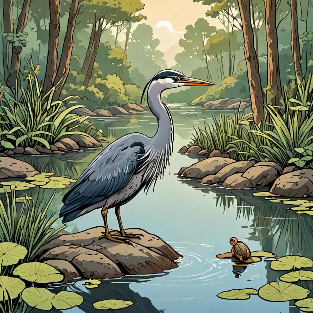 a bird standing on a rock in a pond with lily pads and a duck swimming in the water behind it, naturalism, a storybook illustration, Dan Mumford, storybook illustration