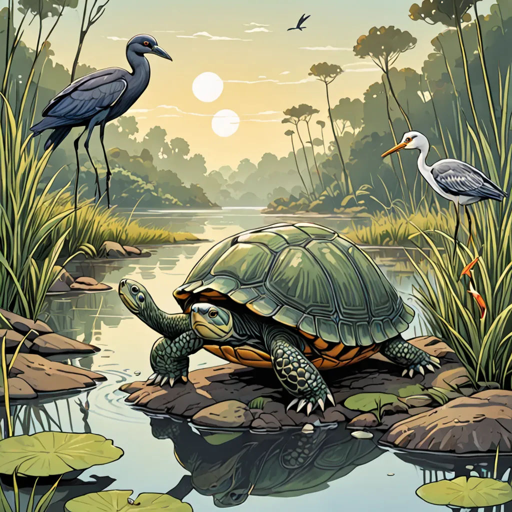a painting of a turtle and a bird on a pond with lily pads and water lillies and a heron, hudson river school, an illustration of, Dan Mumford, golden ratio illustration