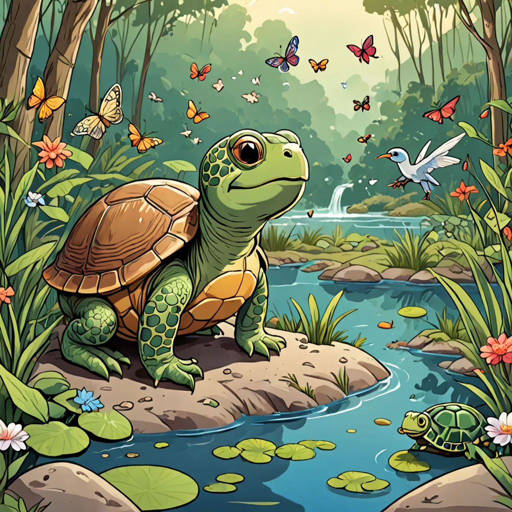 a turtle sitting on a rock in a forest with a stream of water and butterflies flying around it,, fantasy art, a storybook illustration, Chris LaBrooy, storybook illustration
