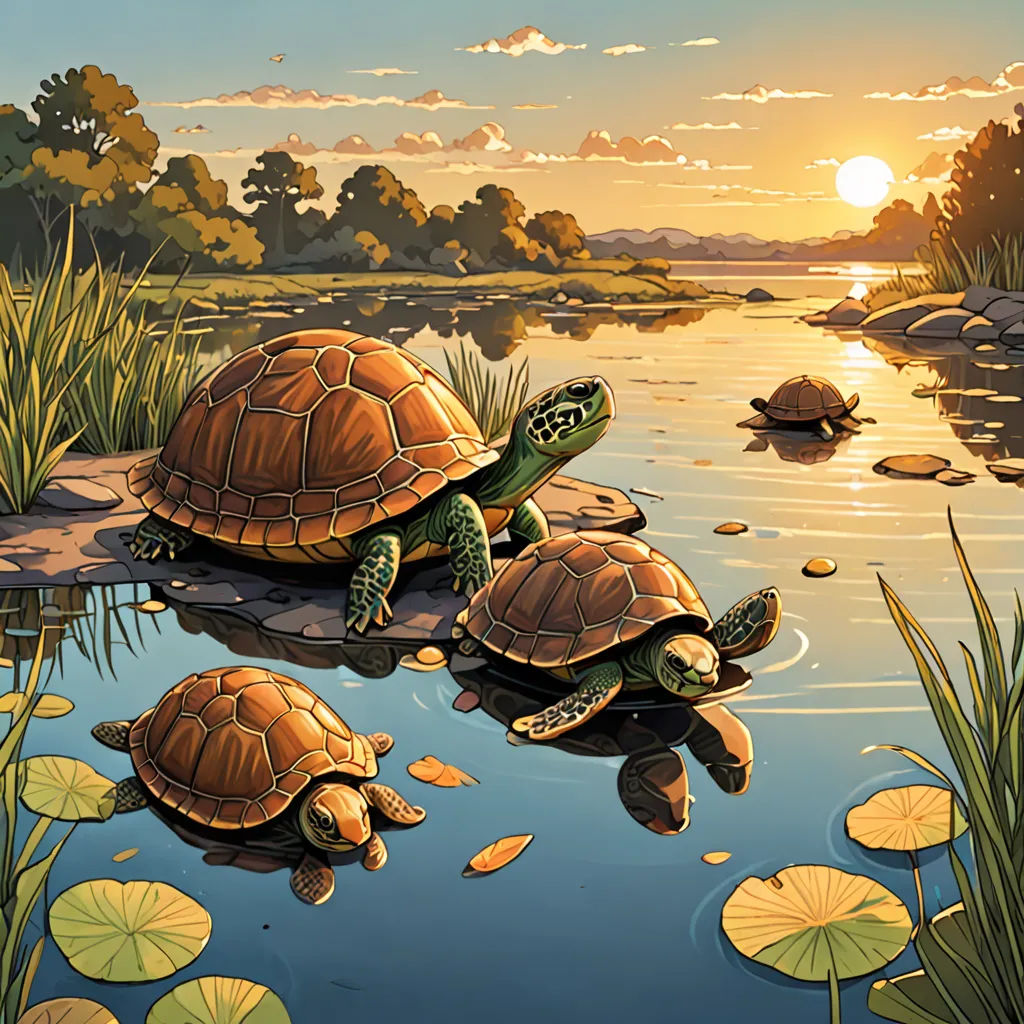 two turtles are swimming in a pond at sunset or dawn, with lily pads on the water and a sun setting in the background, american scene painting, a storybook illustration, Dan Mumford, official art