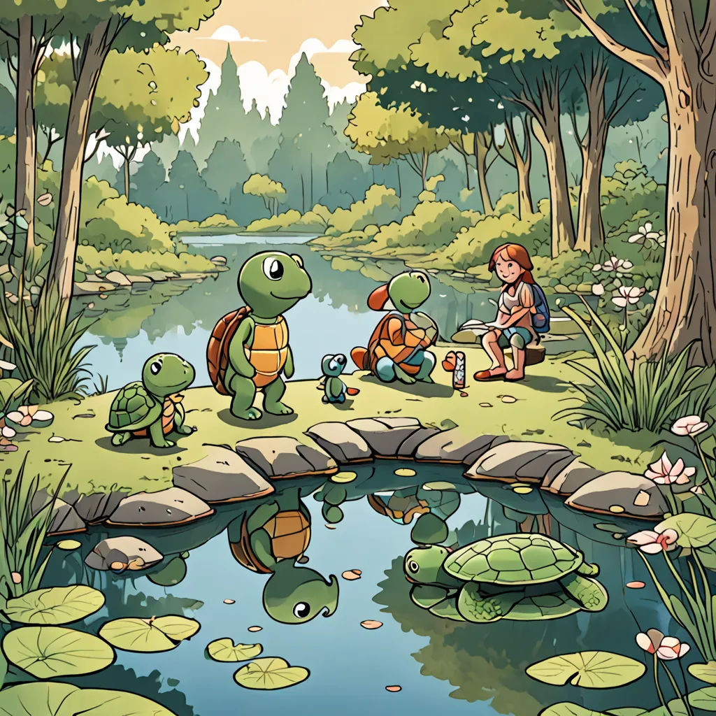a girl and two turtles are sitting on a rock by a pond with lily pads and lily pads on the ground, environmental art, a storybook illustration, Dan Mumford, josan gonzales and dan mumford