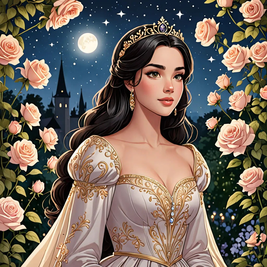 a woman in a white dress standing in front of roses and a castle with a full moon in the background, fantasy art, a character portrait, Anne Stokes, kinkade