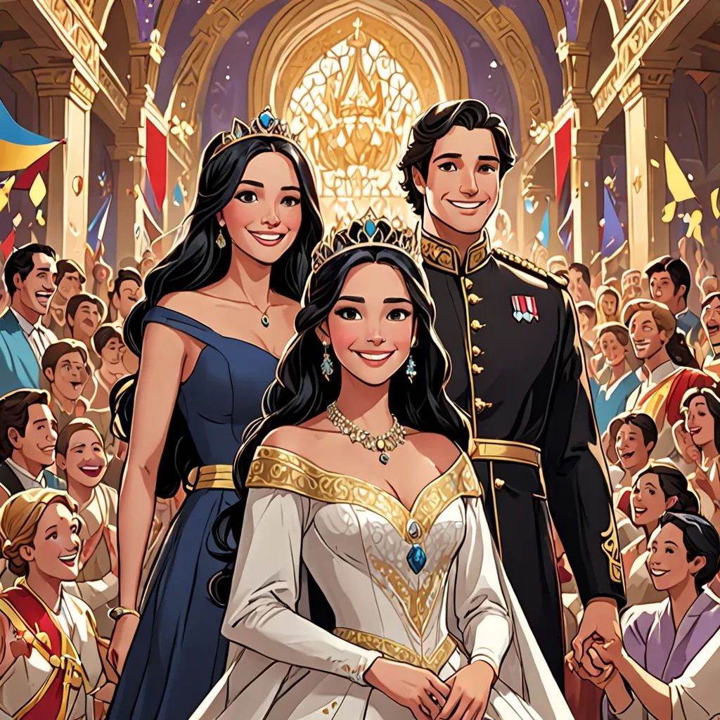 a cartoon of a man and woman in a palace with a crowd of people behind them and a man in a uniform, magical realism, a storybook illustration, disney, official art