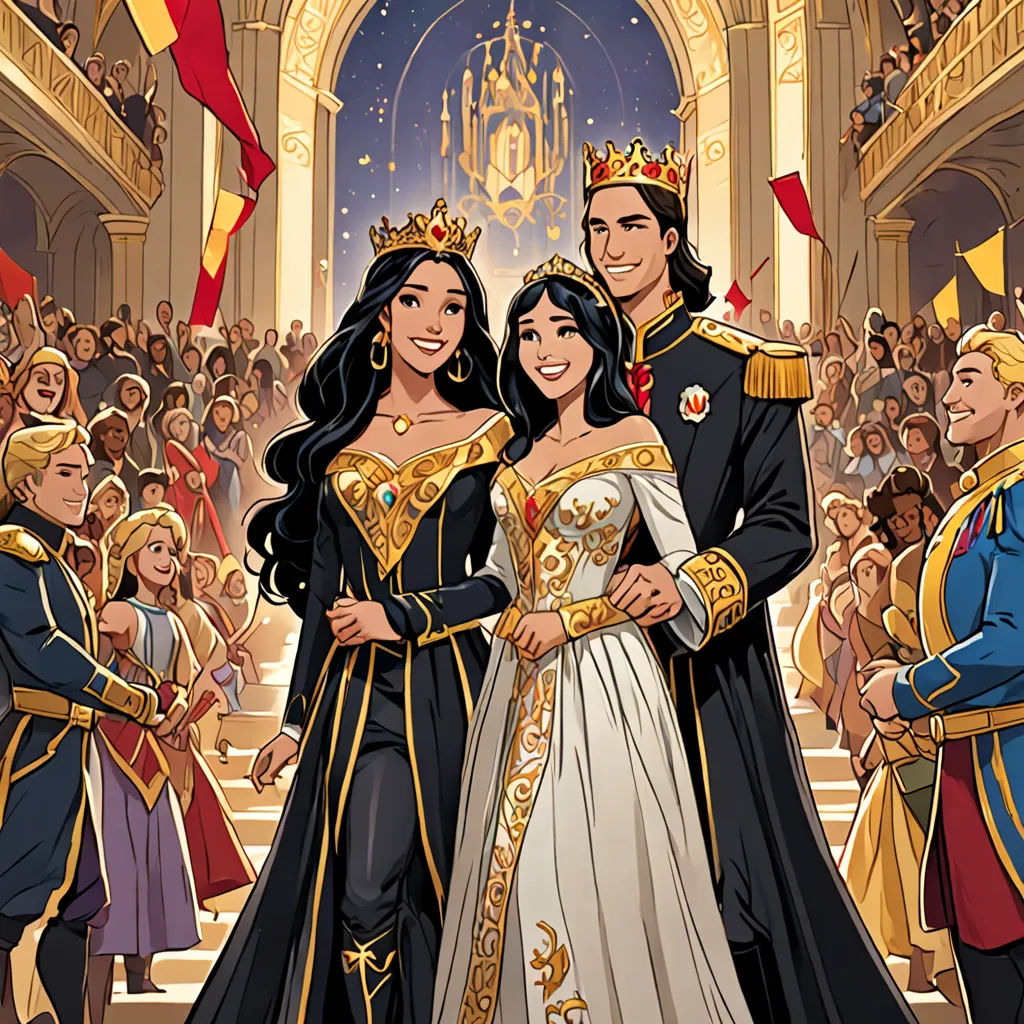 a couple dressed in medieval costumes standing in front of a crowd of people in a palace with a staircase, sots art, a comic book panel, disney, official art