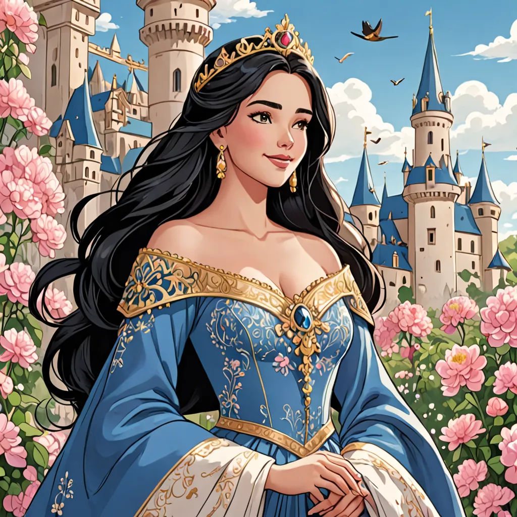 a woman in a blue dress standing in front of a castle with flowers and a bird flying overhead in the sky, fantasy art, a character portrait, Anne Stokes, kinkade