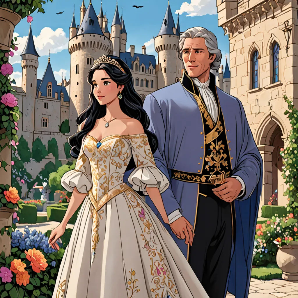 a man and woman in formal wear standing in front of a castle with flowers and roses on the ground, fantasy art, a storybook illustration, Colin Middleton, official art