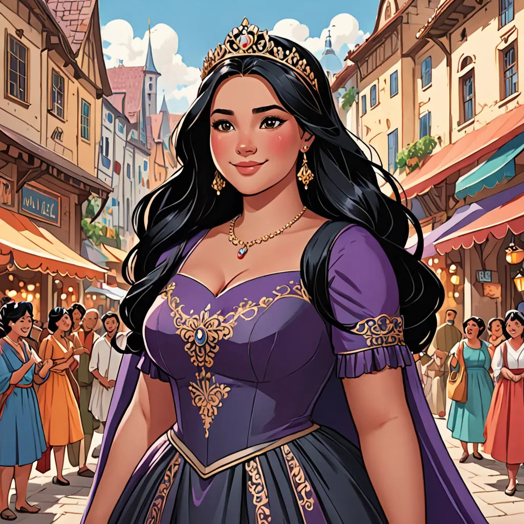 a cartoon of a woman in a purple dress and crown in a street with people in the background and a crowd of people in the background, fantasy art, a character portrait, Altoon Sultan, official art