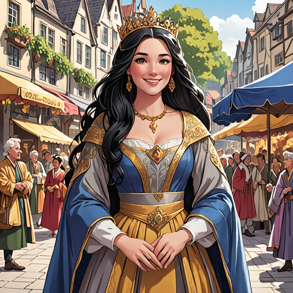 a woman in a blue and gold dress standing in front of a crowd of people in a city square, fantasy art, a character portrait, Caroline Chariot-Dayez, official art