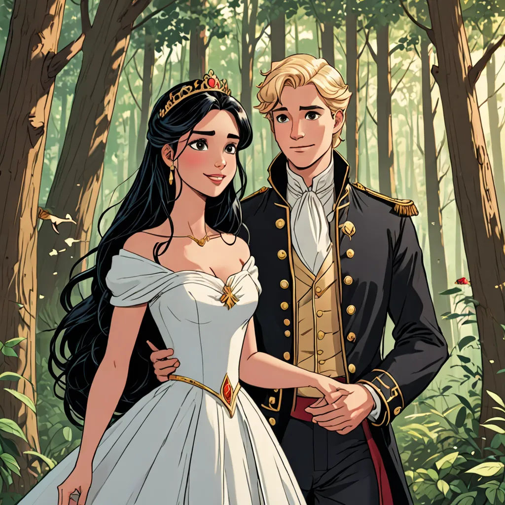 a man and woman dressed in historical clothing standing in a forest holding hands and looking at each other with a forest background, fantasy art, a storybook illustration, disney, official art