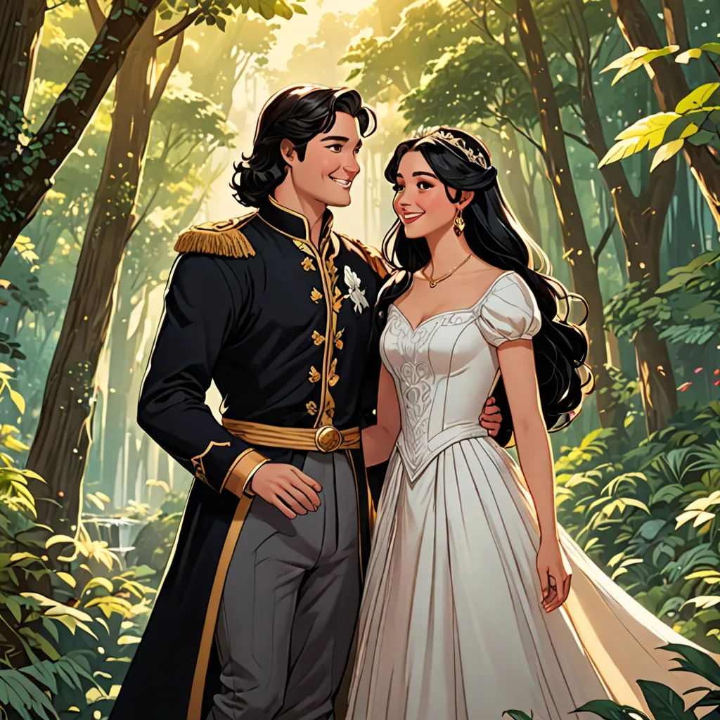 a man and woman in a wedding dress standing in the woods together, dressed in formal clothing, and a forest background, serial art, a storybook illustration, disney, official art