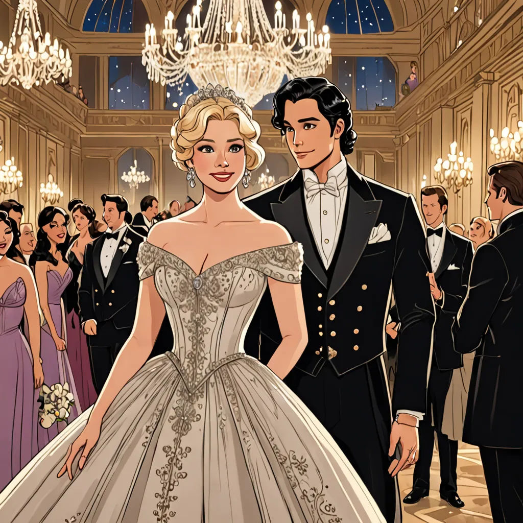 a man and a woman in formal wear standing in a ballroom with chandeliers and chandeliers, magical realism, a comic book panel, Edwin Georgi, official art