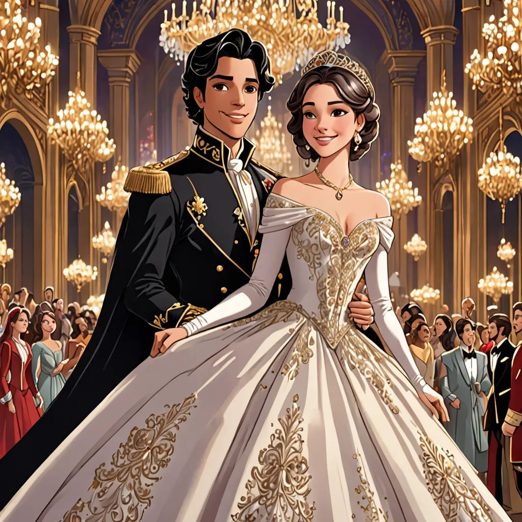 a man and woman in a wedding dress standing next to each other in front of a crowd of people, magical realism, a storybook illustration, disney, official art