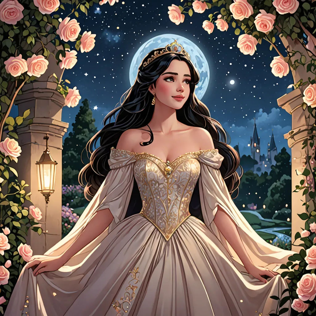 a woman in a white dress standing in a garden with roses and a full moon in the background,, fantasy art, a storybook illustration, Anne Stokes, rossdraws global illumination