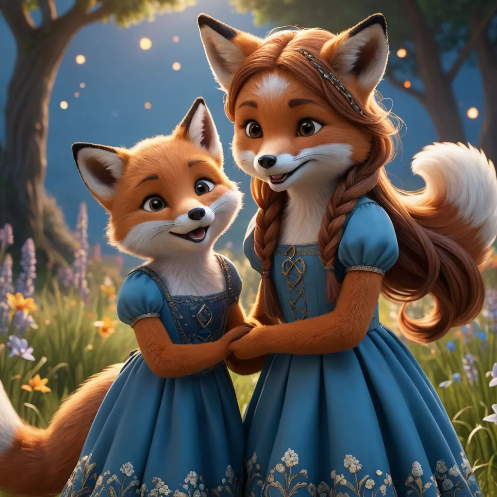 a fox and a fox dressed in blue standing next to each other in a forest with flowers and trees, furry art, a 3D render, disney, official art