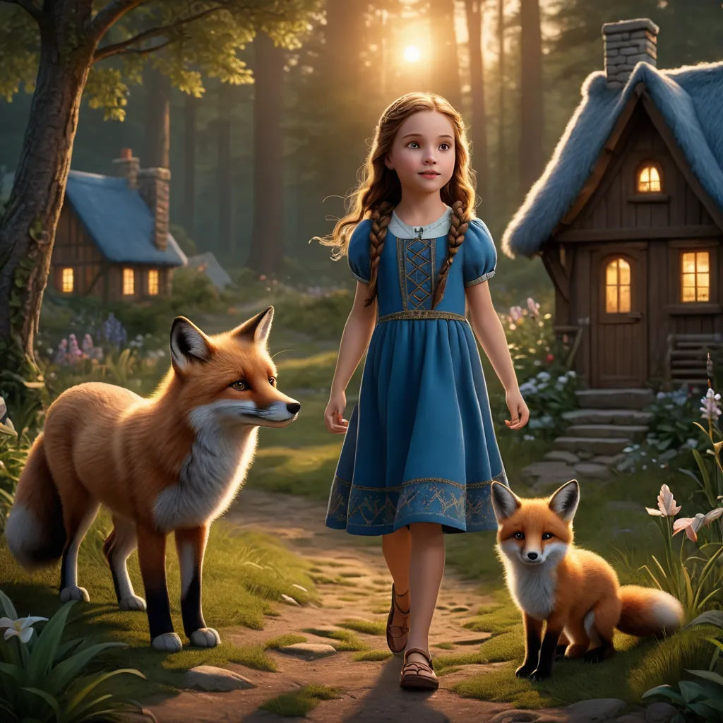 a little girl in a blue dress is walking with two foxes in a forest with a cabin in the background, fantasy art, a storybook illustration, Beatrix Potter, storybook illustration