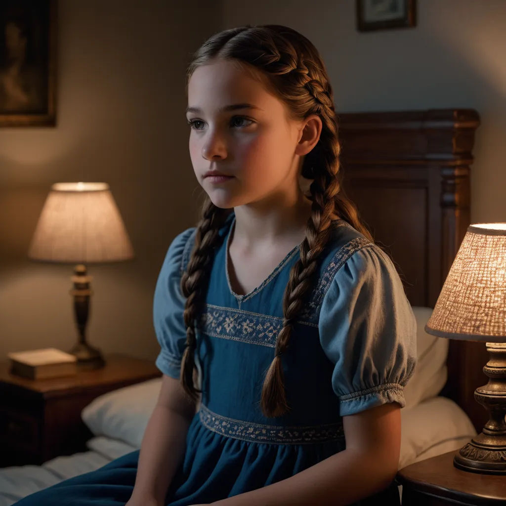 a little girl sitting on a bed with a lamp on the side of the bed and a lamp on the side table, aestheticism, a character portrait, Anne Said, promotional image