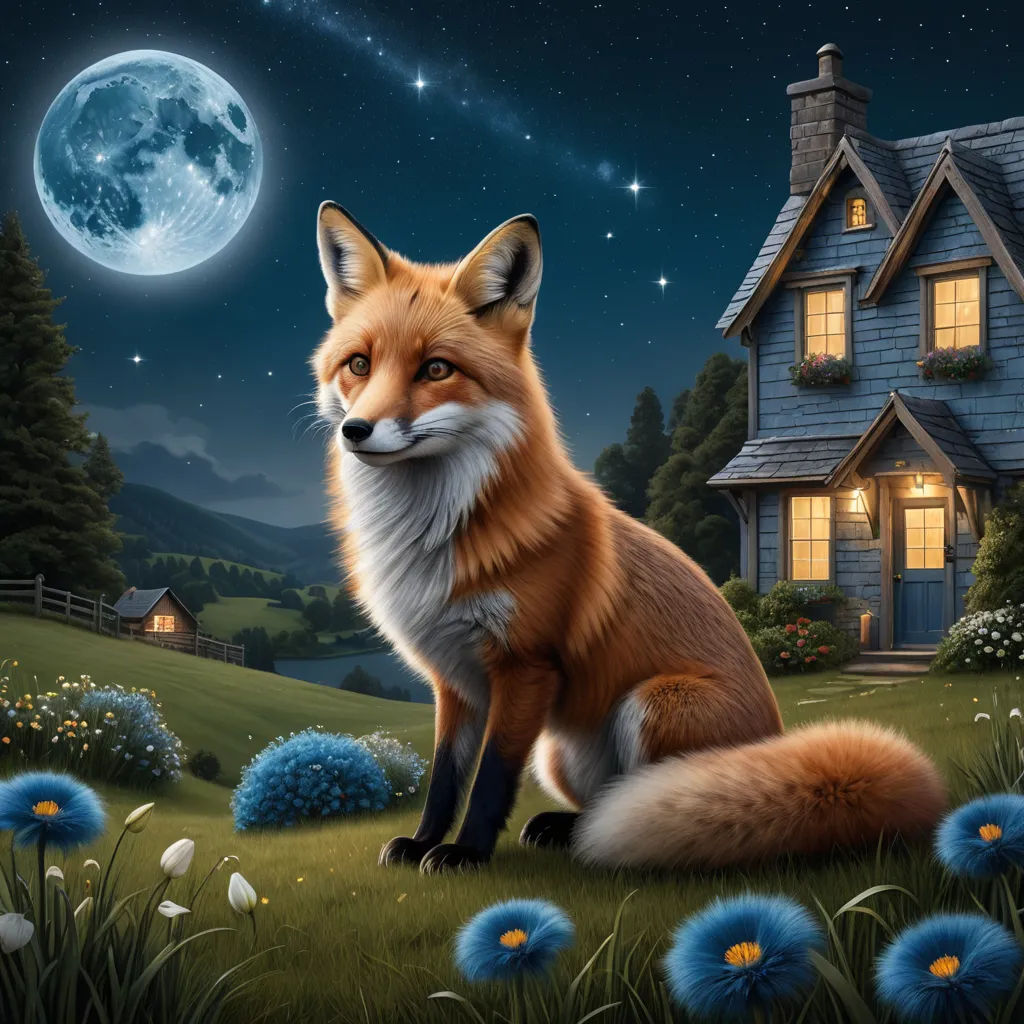 a fox sitting in a field of flowers in front of a house with a full moon in the background, furry art, a storybook illustration, Chris LaBrooy, highly detailed digital painting