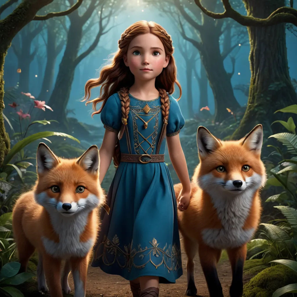 a girl in a blue dress standing next to two foxes in a forest with a light shining on her, furry art, poster art, Anne Said, promotional image