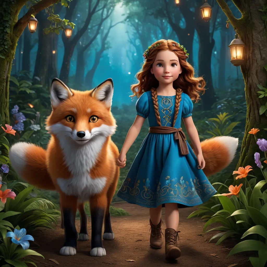 a little girl in a blue dress is walking with a fox in a forest with lanterns and flowers on the ground, furry art, a storybook illustration, Anne Said, promotional image