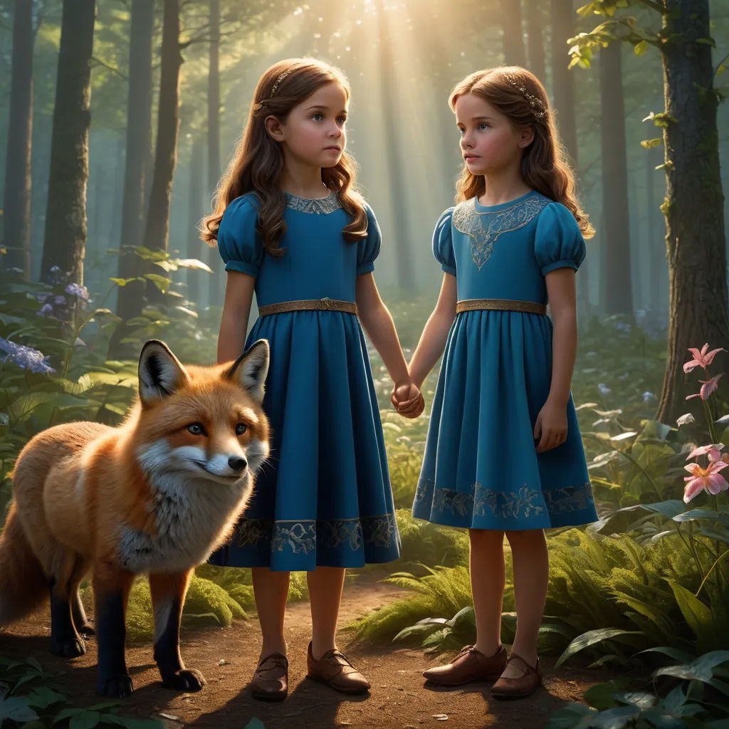 two little girls standing in a forest holding hands and a fox standing next to them, both looking at each other, furry art, a detailed matte painting, Alice Prin, promotional image