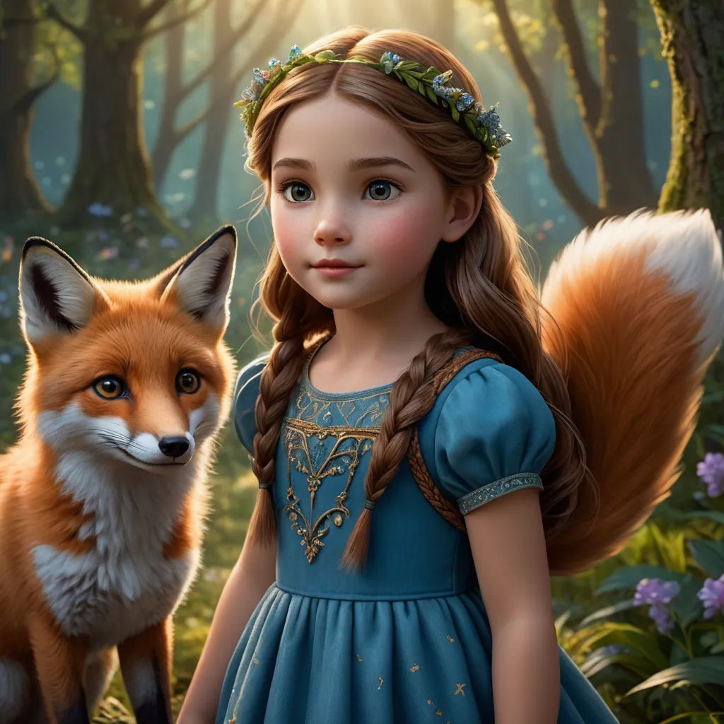 a little girl in a blue dress with a fox in the woods behind her, looking at the camera, furry art, a storybook illustration, Alice Prin, cgstudio