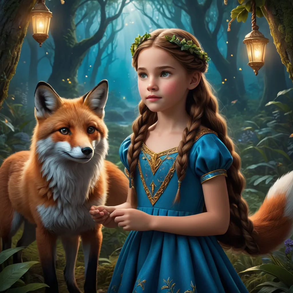 a little girl in a blue dress standing next to a fox in a forest with lanterns on the ceiling, fantasy art, a storybook illustration, Alice Prin, highly detailed digital painting