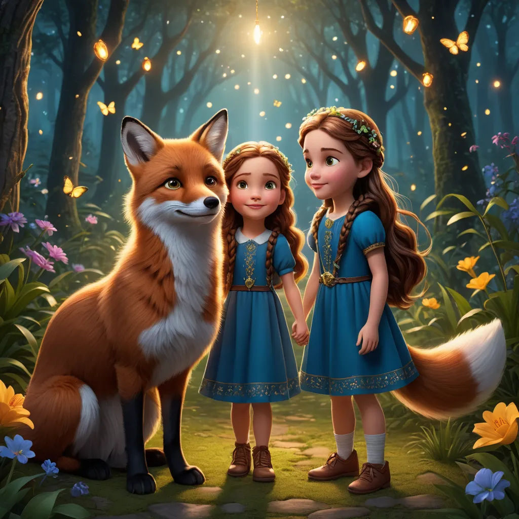 a painting of two girls standing next to a fox in a forest with butterflies flying overhead and a glowing light shining on the fox, fantasy art, a storybook illustration, disney, official art