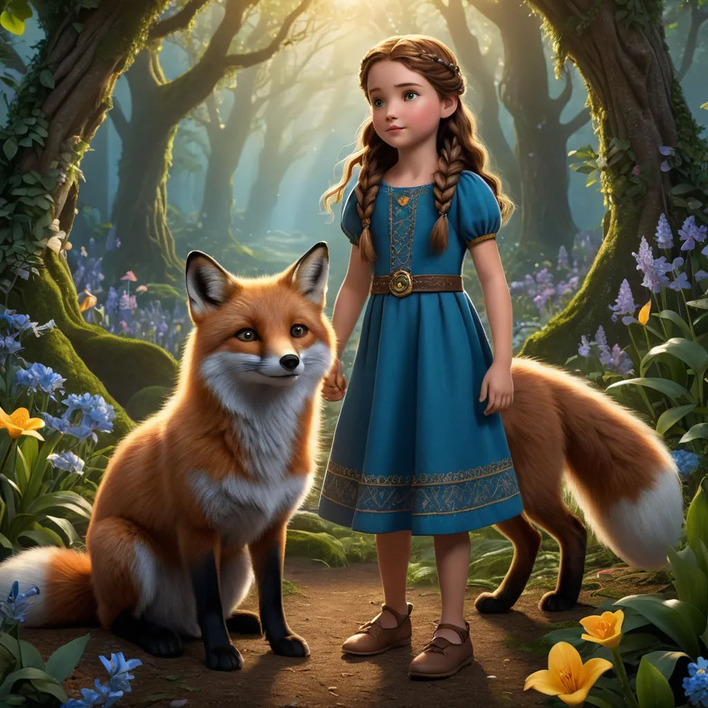 a little girl standing next to a fox in a forest with flowers and trees in the background, with a sun shining through the trees, sots art, a storybook illustration, Cliff Childs, official art