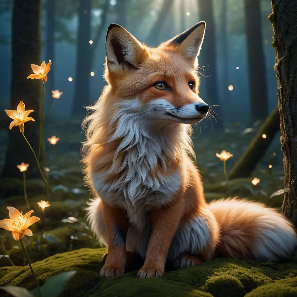 a fox sitting in the middle of a forest with flowers around it and a light shining on the ground, furry art, a storybook illustration, Arie Smit, animal photography