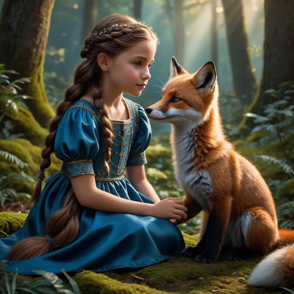 a girl in a blue dress sitting next to a fox in a forest with trees and grass and sunlight shining through the trees, fantasy art, a storybook illustration, Elinor Proby Adams, enchanting