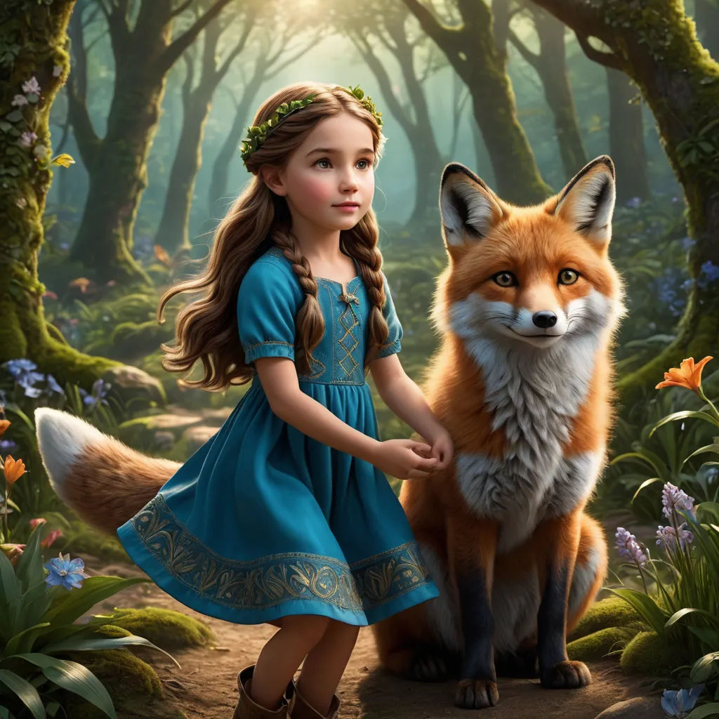 a little girl standing next to a fox in a forest with flowers and trees in the background, with a forest scene in the background, fantasy art, a storybook illustration, Elinor Proby Adams, promotional image