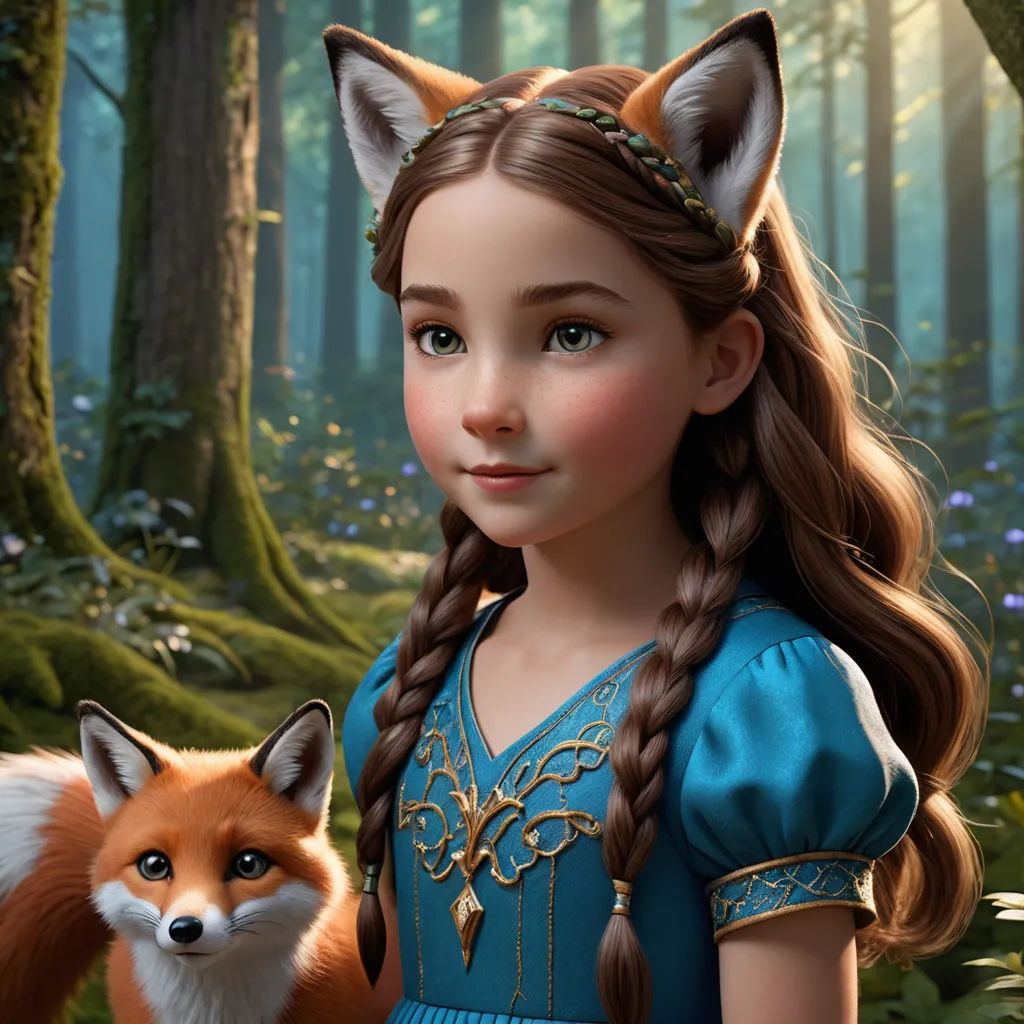 a girl in a blue dress with a fox in a forest with flowers and trees in the background, with a fox in the foreground, furry art, a storybook illustration, Evaline Ness, cgstudio