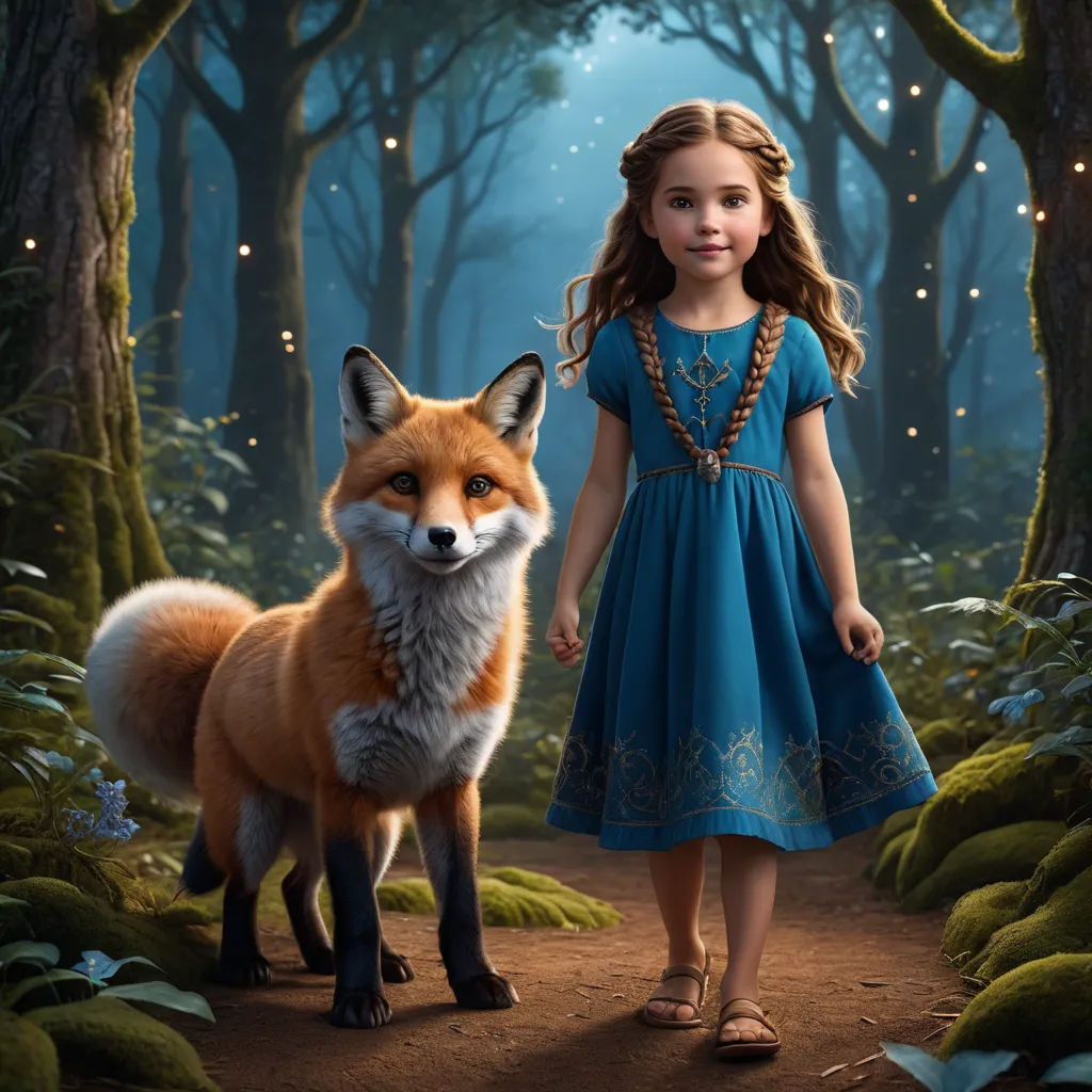 a little girl standing next to a fox in a forest with lights on the trees and grass on the ground, furry art, a storybook illustration, Alice Prin, promotional image