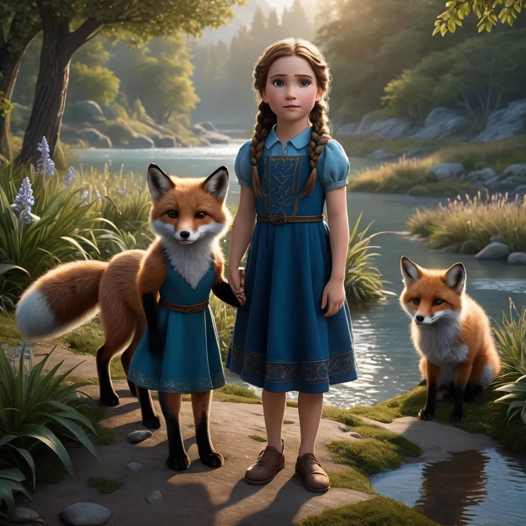 a girl and a fox standing next to each other on a path near a river and trees, with a stream in the background, furry art, a storybook illustration, Elinor Proby Adams, promotional image