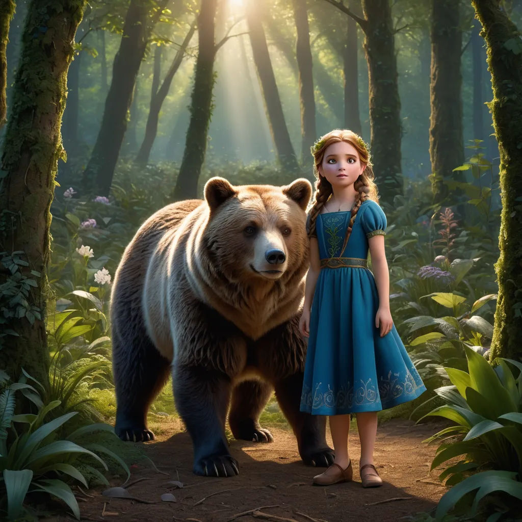 a girl standing next to a bear in a forest with sunlight shining through the trees and flowers on the ground, magical realism, a storybook illustration, disney, promotional image