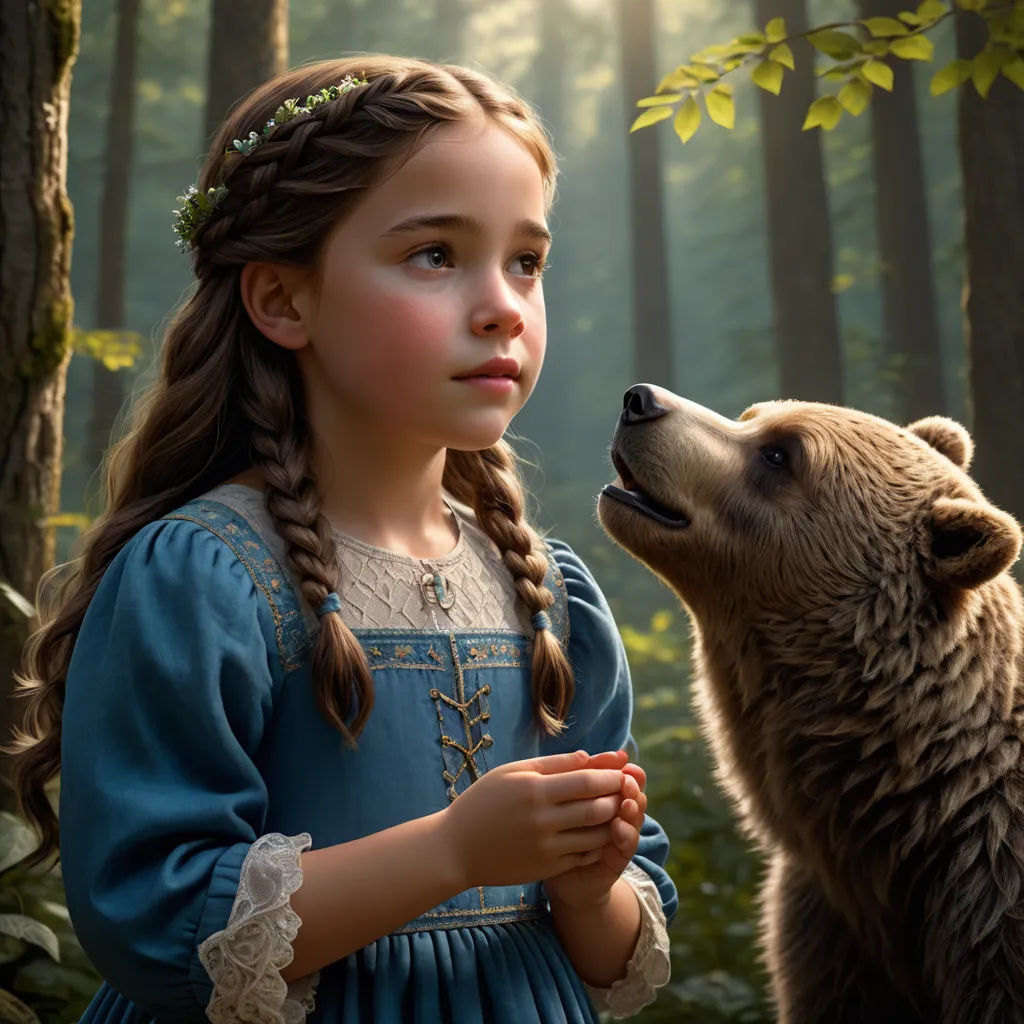 a little girl standing next to a brown bear in a forest with trees and leaves on the ground and a bear looking up at her, magical realism, a detailed matte painting, Dorothy Coke, cgstudio