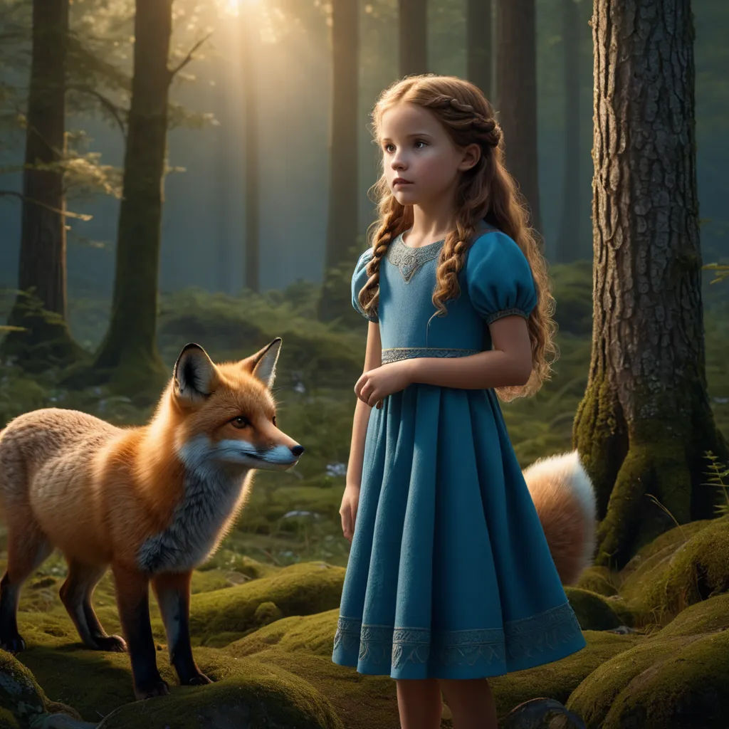 a little girl standing next to a fox in a forest with mossy ground and trees in the background, magical realism, a storybook illustration, Elinor Proby Adams, promotional image