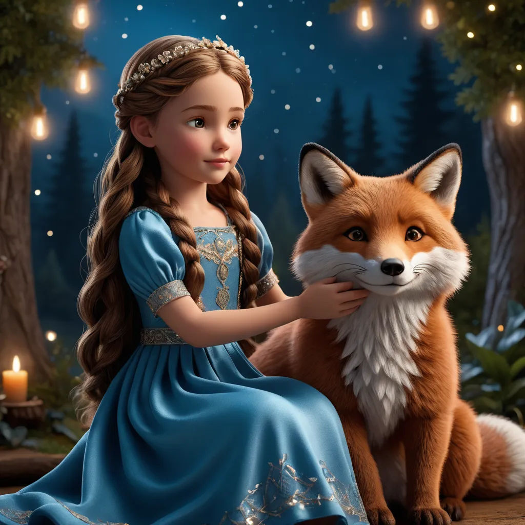 a girl in a blue dress petting a fox in a forest at night with lights on the trees, furry art, a storybook illustration, Beatrix Potter, promotional image