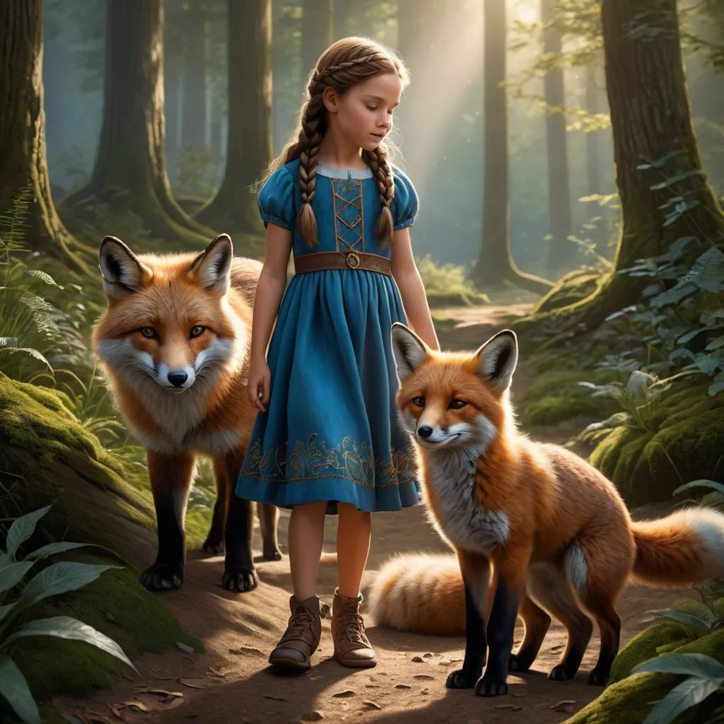 a little girl in a blue dress standing next to two foxes in a forest with sunlight streaming through the trees, furry art, poster art, Brad Kunkle, promotional image