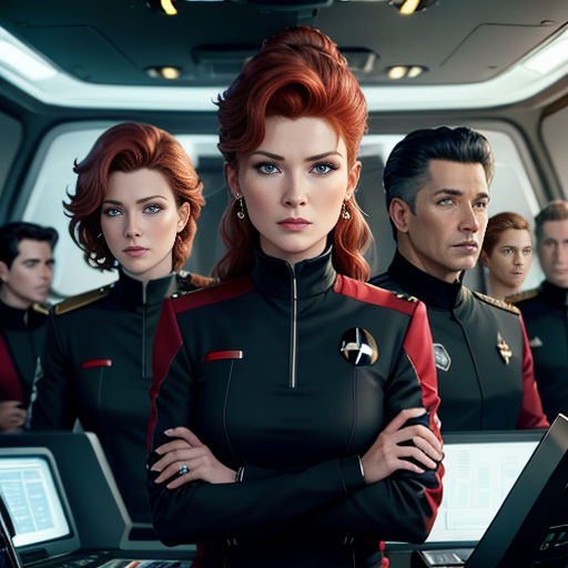 a group of people in a spaceship with computers on their laps and one woman standing in front of them