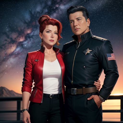a man and a woman standing next to each other in front of a night sky with stars and a galaxy