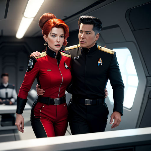 a man and a woman in a red uniform standing next to each other in a sci - fi setting