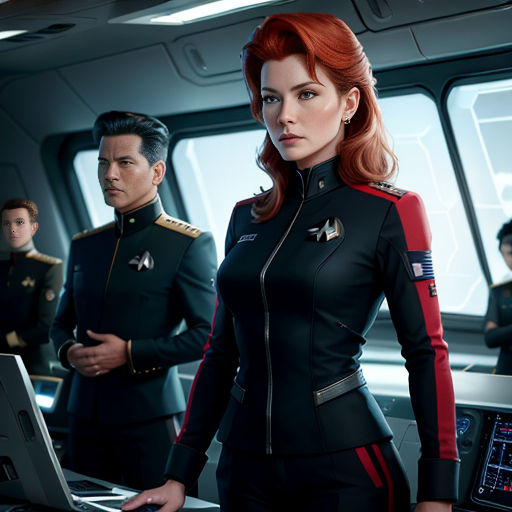 a woman in a black uniform standing next to a man in a red uniform in a sci - fi setting
