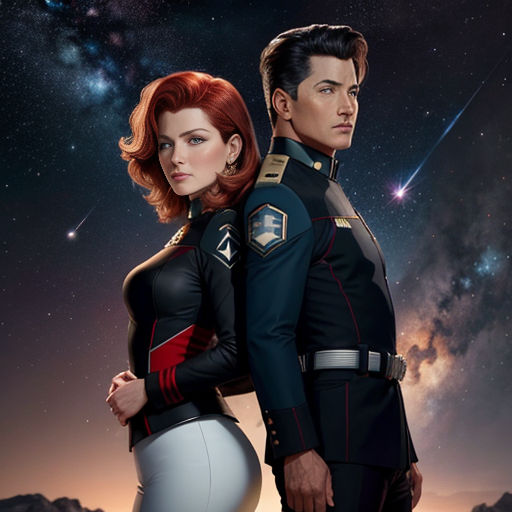 a man and a woman in uniform standing next to each other in front of a night sky with stars