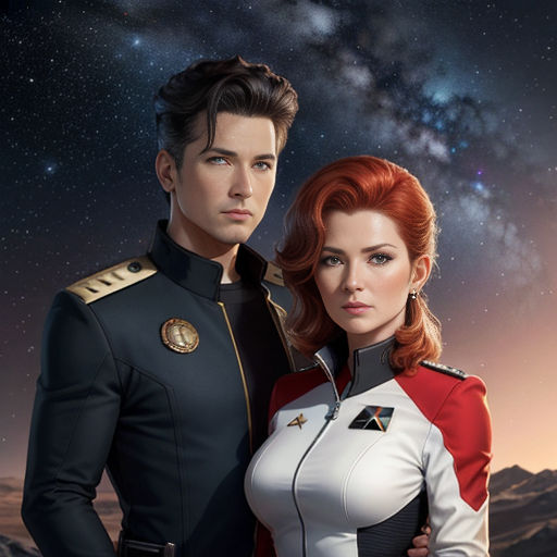a man and a woman standing next to each other in front of a night sky with stars and a galaxy