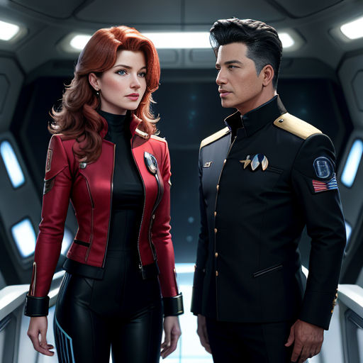 a man and a woman in uniform standing next to each other in a sci - fi fi fi fi fi