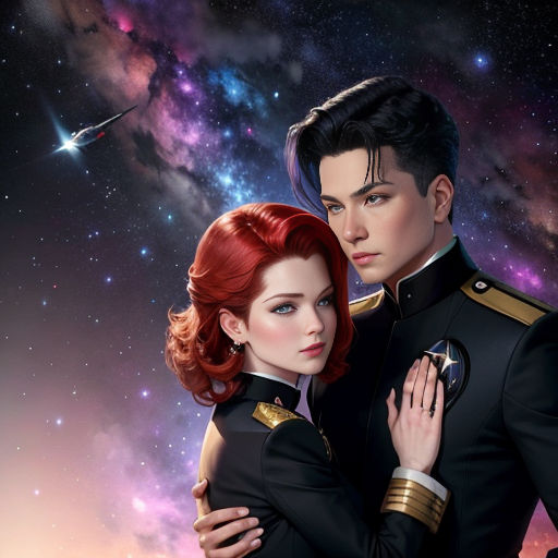 a man and woman in uniform standing next to each other in front of a galaxy background with stars and a shooting star