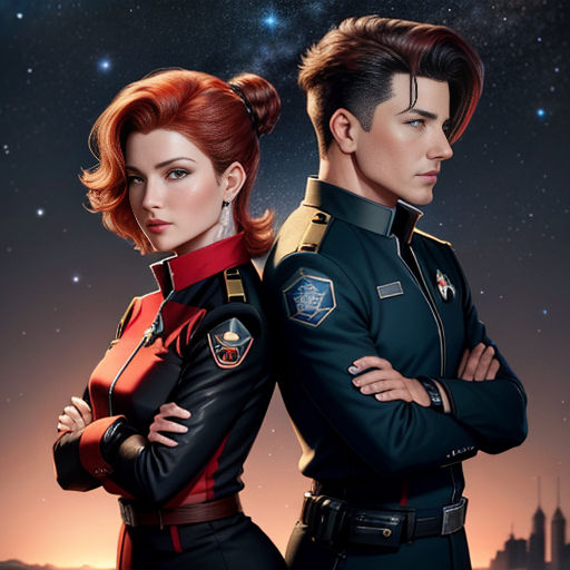 a man and a woman in uniform standing next to each other in front of a night sky with stars