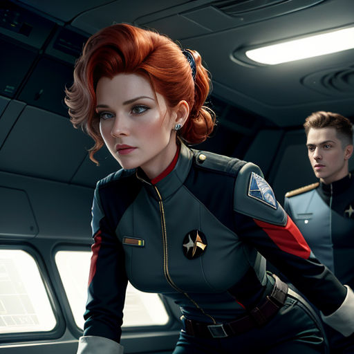 a woman in a uniform standing next to a man in a uniform in a sci - fi setting with a window